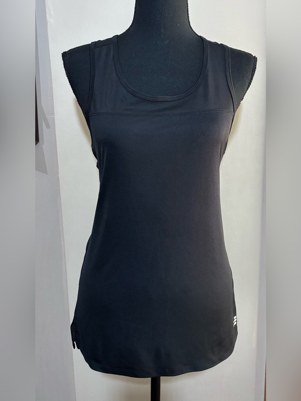 BCG size S back tank top with mesh front and back accents. Black.